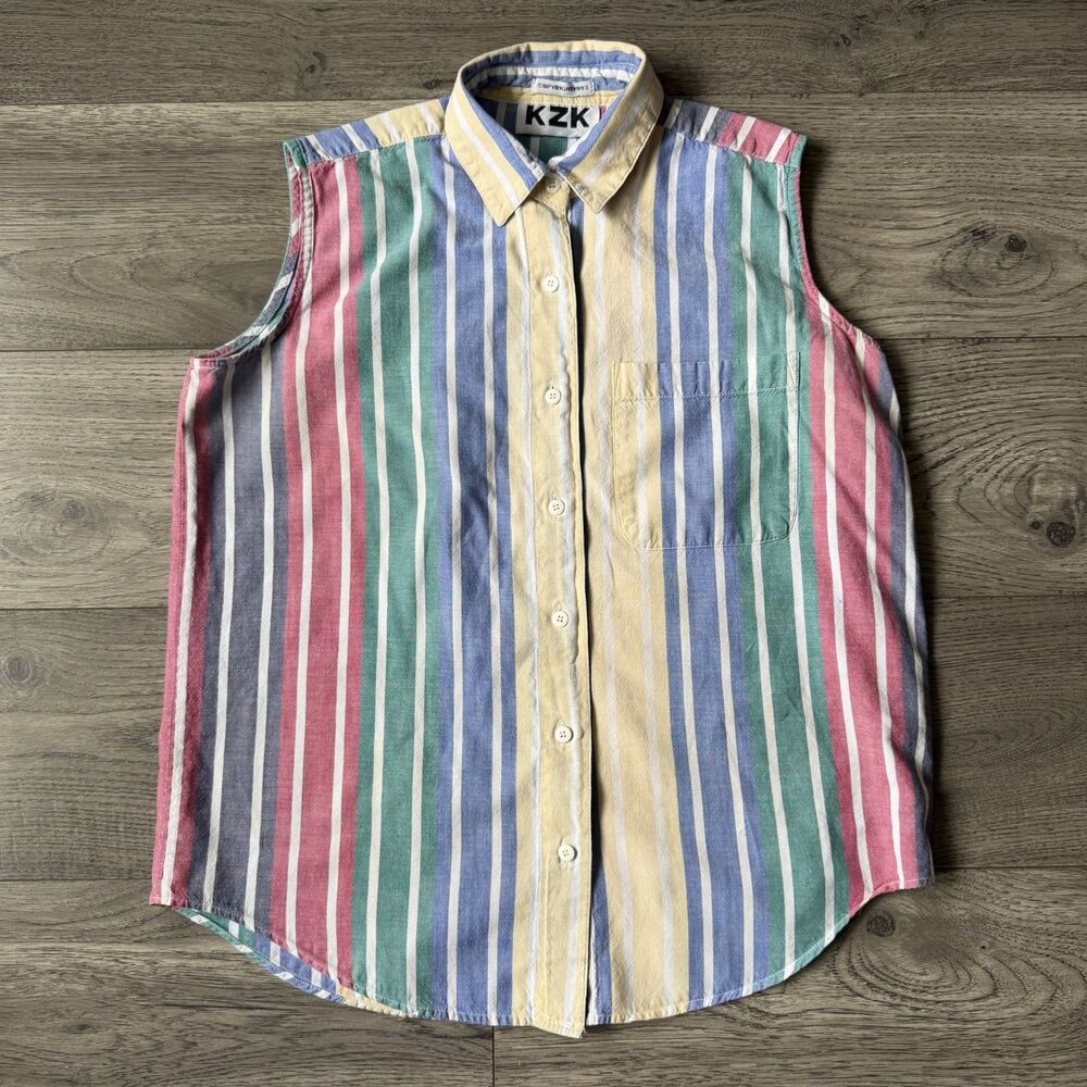 Vintage 90s KZK Multi-Color Striped Sleeveless Shirt - Size Large‎